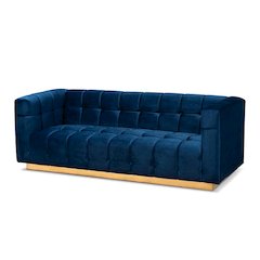 Luxe Navy Blue Velvet Fabric Upholstered Brushed Gold Finished Sofa