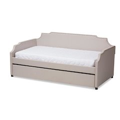 Beige Fabric Upholstered Twin Size Sofa Daybed with Roll Out Trundle Guest Bed