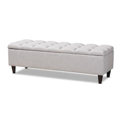 Grayish Beige Fabric Upholstered Dark Brown Finished Wood Storage Bench Ottoman