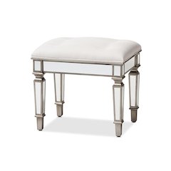 Off White Fabric Upholstered Mirrored Ottoman Vanity Bench