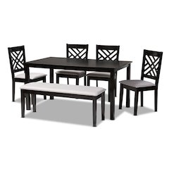 Grey Fabric Upholstered and Dark Brown Finished Wood 6-Piece Dining Set