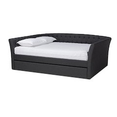 Dark Grey Fabric Upholstered Full Size Daybed with Roll-Out Trundle Bed