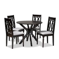 Grey Fabric Upholstered and Dark Brown Finished Wood 5-Piece Dining Set
