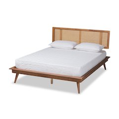 Walnut Brown Finished Wood and Synthetic Rattan Full Size Platform Bed