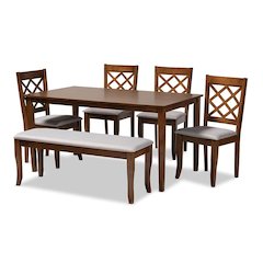 Grey Fabric Upholstered and Walnut Brown Finished Wood 6-Piece Dining Set