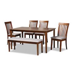 Grey Fabric Upholstered and Walnut Brown Finished Wood 6-Piece Dining Set