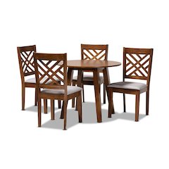 Grey Fabric Upholstered and Walnut Brown Finished Wood 5-Piece Dining Set