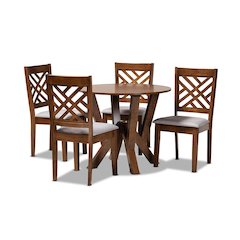 Grey Fabric Upholstered and Walnut Brown Finished Wood 5-Piece Dining Set