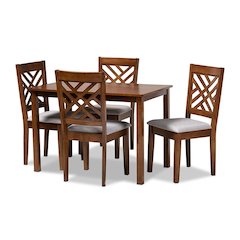 Grey Fabric Upholstered Walnut Brown Finished Wood 5-Piece Dining Set
