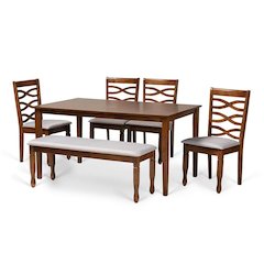 Grey Fabric Upholstered and Walnut Brown Finished Wood 6-Piece Dining Set