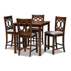 Grey Fabric Upholstered Walnut Brown Finished 5-Piece Wood Pub Set