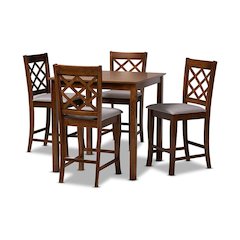 Grey Fabric Upholstered Walnut Brown Finished 5-Piece Wood Pub Set