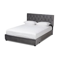 Grey Velvet Fabric Upholstered 2-Drawer Queen Size Platform Storage Bed