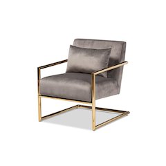 Luxe Grey Velvet Fabric Upholstered Gold Finished Metal Lounge Chair