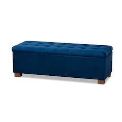 Navy Blue Velvet Fabric Upholstered Grid-Tufted Storage Ottoman Bench