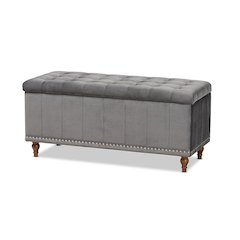 Grey Velvet Fabric Upholstered Button-Tufted Storage Ottoman Bench