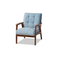 Light Blue Velvet Fabric Upholstered Walnut Finished Wood Armchair