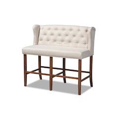 Beige Fabric Upholstered Walnut Finished Wood Button Tufted Bar Stool Bench