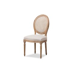 Beige Fabric Upholstered Dining Side Chair with Round Cane Back