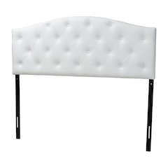 White Faux Leather Queen Headboard, Button-Tufted, Scalloped Design Hardwood