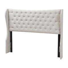 Greyish Beige Fabric Button-Tufted Winged Headboard with Cushioned Foam Padding