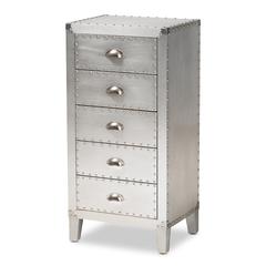 Carel French Industrial Silver Metal 5-Drawer Accent Storage Cabinet