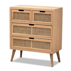 Medium Oak Finished Wood and Rattan 4-Drawer Accent Storage Cabinet