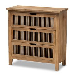 Transitional Medium Oak Finished 3-Drawer Wood Spindle Storage Cabinet