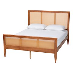 Walthard Mid-Century Light Walnut King Platform Bed with Woven Rattan