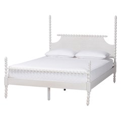 Four-Poster Platform Bed -Wooden Bed Frame with Turned Spindle Posts, White,King