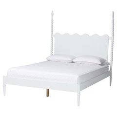 Platform Bed Frame with Scalloped Headboard and Turned Posts, White, King