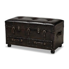 Callum Modern Transitional Distressed Dark Brown Faux Leather Upholstered 2-Drawer Storage Trunk Ottoman