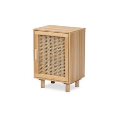 Rattan and Natural Brown Finished Wood 1-Door End Table