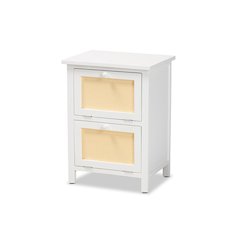 Sariah Mid-Century Modern White Finished Wood and Rattan 2-Door End Table