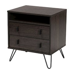 Dark Brown Finish Wood and Metal Nightstand with Drawer Storage for Bedroom