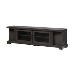 Contemporary Brown Wood TV Stand with Glass Doors and Elegant Finish