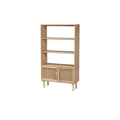 Wood and Rattan Bookcase with 2 Doors, Light Brown Finish for Living Room
