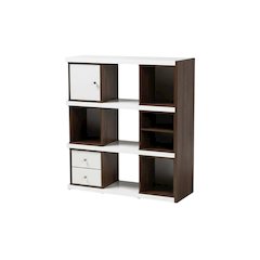 Modern Two-Tone White and Walnut Brown Bookcase with 2 Drawers