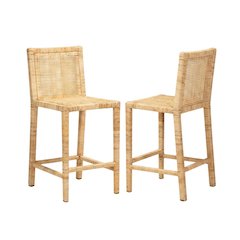Contemporary Natural Finished Wood and Rattan Counter Stool with Mahogany Frame