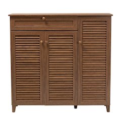 Contemporary Walnut Finish Shoe Storage Cabinet with 11 Shelves and Drawer