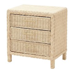 Japandi Sun Bleached Rattan Nightstand with 3 Drawers and Natural Finish