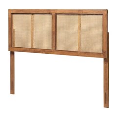 Brown Ash Walnut Finished Wood Headboard, Synthetic Rattan Frame, Mid-Century