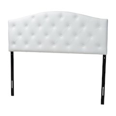 White Faux Leather Headboard, Full Size, Upholstered Button-Tufted, Scalloped