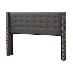 Dark Grey Fabric Button-Tufted Nail head King Size Winged Headboard