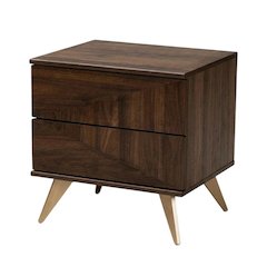 Walnut Brown Finished Wood Nightstand with 2 Drawers and Mid-Century Style