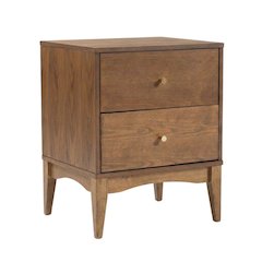 Mid-Century Modern Ash Walnut Finish Nightstand with 2 Drawers, Rubberwood Frame