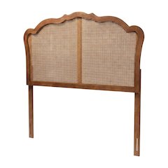 Ash Walnut Wood Queen Headboard with Rattan Panel and Traditional Design