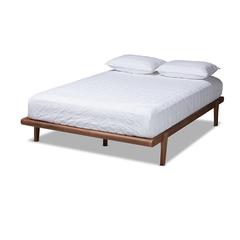 Mid-Century Full Size Platform Bed Frame in Brown, Rubberwood Construction