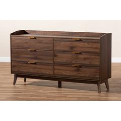 Baxton Studio Lena Mid-Century Modern Walnut Brown Finished 6-Drawer Wood Dresser