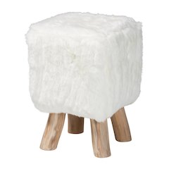 Scotlyn Faux Fur Footstool with Teak Wood Legs - Rustic Boho Accent, White